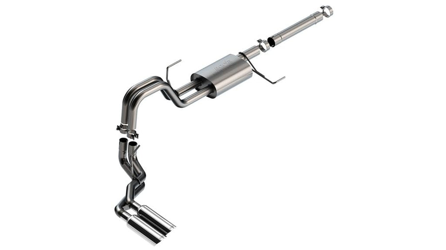 BORLA Cat-Back Exhaust System 140904 for '21-'23 Ford F-150 3.5L V6 PowerBoost Auto. Trans. 2 & 4 Wheel Drive 4 Door Crew Cab (5' 7") Bed 145.4" WB Add Adapter 60556 For Crew Cab (6' 7") Bed 157.2" WB.