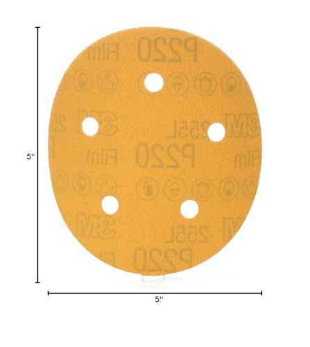 3M Gold Hookit Film D/F Disc 255L, Aluminum Oxide, Dry Only, 5" Diameter, P220 Grit, Gold (Pack of 1)