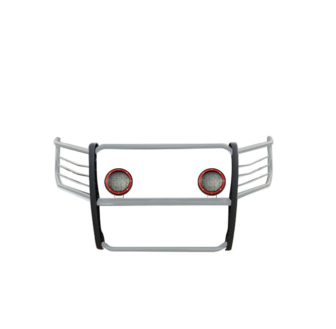 Bumper Guard Black Horse Grille Brush Modular Stainless Steel Come with Pair of 5.3" Dia.LED Lights with Red Trim Rings Compatible with 2015-2024 Ford F-150-17FP32MSS-PLFR