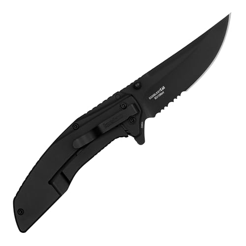 Outright Kershaw Pocket Knife, Black, 3 Inch Stainless Steel Trailing Point Partially Serrated Blade, EDC with Assisted Opening, Deep-Carry Pocketclip, Everyday Carry Pocket Knife for Men and Women