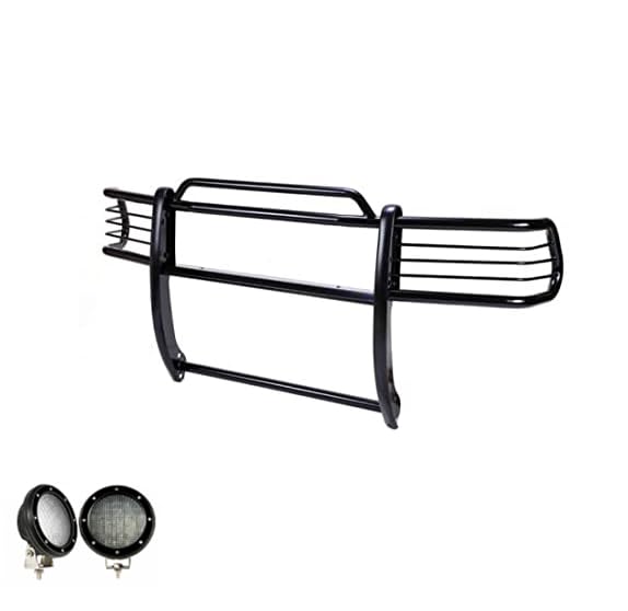 Grille Brush Black Horse Bumper Guard Modular Black Come with Pair of 5.3" Dia.LED Lights with Black Trim Rings Compatible with 2000-2004 Nissan Frontier|2000-2004 Nissan Xterra-17NI26MA-PLFB