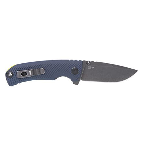 SOG Tellus ATK Folding Knife | Ambidextrous GRN Handle | CRYO 440C Stainless Steel Blade | Adjustable Belt Clip, Squid Ink/Yellow Outdoor Assisted Opening Frame Lock