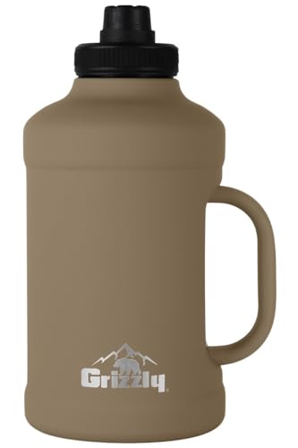 64oz Grizzly Water Bottle | Vacuum Insulated | Leak Resistant Lid | Stainless Steel | Heavy Duty Handle | For Gym Hiking Beach Sports Camping | Desert Sand