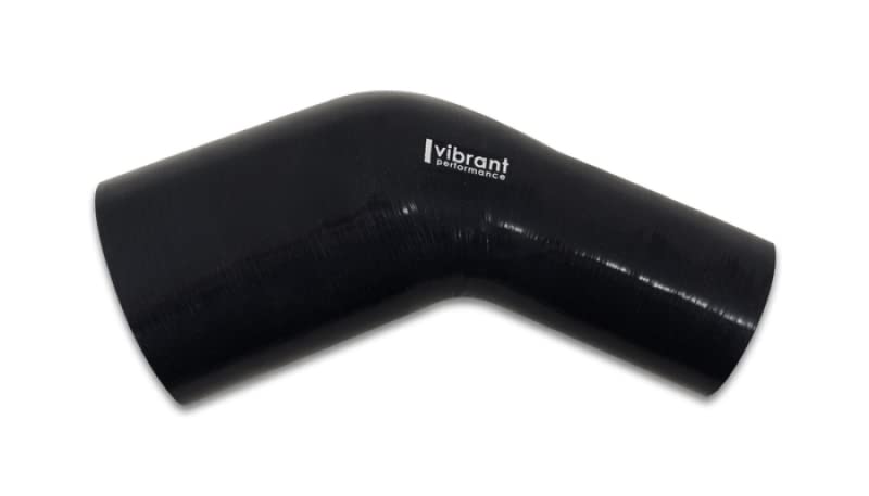Hose Coupler, Vibrant Power 19769, Silicone, 4ply Aramid Reinforced, 45 degree Elbow, Reducer, Transition, 3.50 in. Inlet I.D, 3.00 in. Outlet I.D, 4.00 in. Leg Length, 3.50 in. CLR, Black, each
