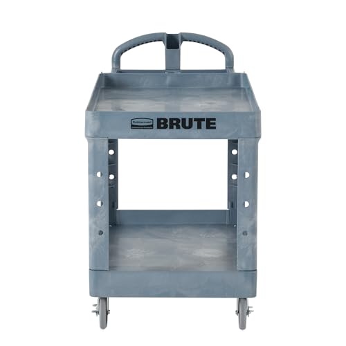 Rubbermaid Commercial Products Heavy Duty BRUTE 2-Shelf Utility/Service Cart, Medium, Lipped Shelves, Ergonomic Handle, 500 lbs. Capacity, Gray, for Warehouse/Garage/Cleaning/Maintenance/Stadiums