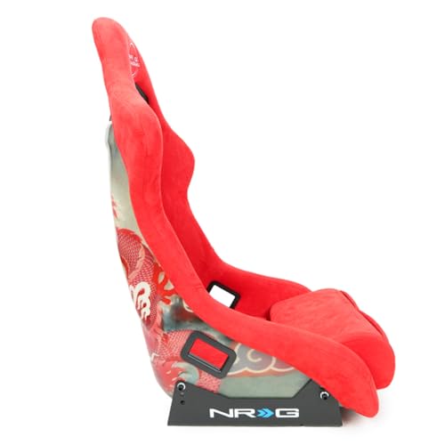 NRG Innovations Universal Fixed Back Bucket Seat NRG-FRP-302RD-DRGN-R, Special Dragon Embroidery Edition Racing Seat, Red Alcantara Seat Cover w/Mount Bracket, Size L