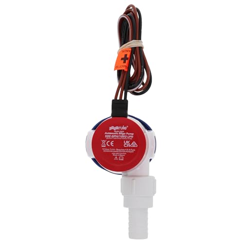 Automatic Rule 12V Bilge Pump - Fully Submersible - 500GPH Output - Easy Clean Strainer - Low Power Use - Check Valve & Thermal Cut-Off - Ideal for Boats -107mm x 64mm x 74mm