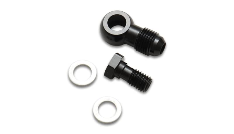 Fitting, Vibrant Power 11517 AN to Banjo Adapter, Male -4 AN Banjo, Male 12mm x 1.25 Bolt, with 2 Crush Washers, Aluminum, Black Anodized, each