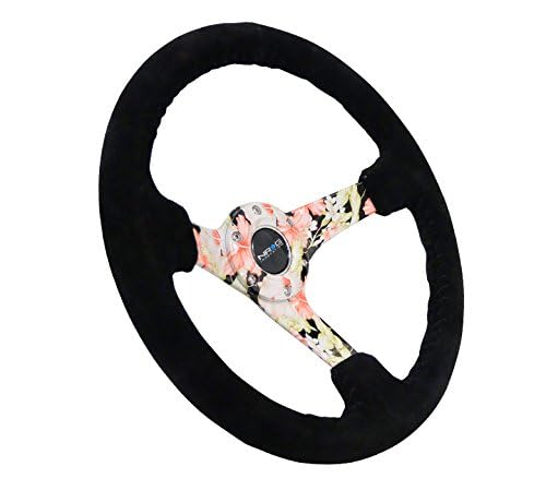 NRG Innovations Reinforced Steering Wheel NRG-RST-036FL-S - Hydro Dipped Tropical Floral 3" Deep, 5mm Spoke, 350mm Sport Steering Wheel Black Suede With Black Baseball Stitching