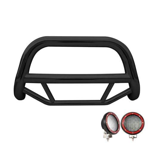 Max Bull Bar Kit Black Horse No Skid Plate Black Compatible with 2022-2025 Nissan Pathfinder|2022-2024 Infiniti QX60, Comes with a Set of 5.3" Red Round Flood LED Lights