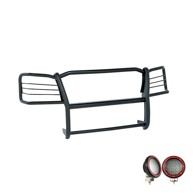 Grille Brush Black Horse Bumper Guard Modular Come with Pair of 5.3" LED Lights with Red Trim Rings Compatible with 2003-2006 Silverado 1500|2007 Silverado 1500 HD Classic-17GT25MA-PLFR