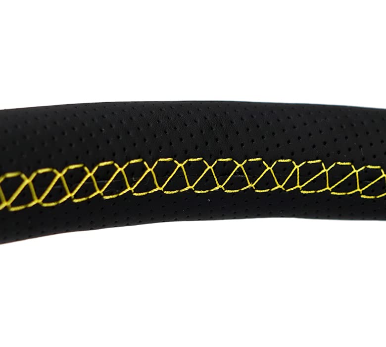 NRG Innovations Reinforced NRG-RST-380-STL-Y Classic Stealth Wheel, 380mm, 3 Spoke Center with Diagnal Slits, 1" Deep Dish with Perforated Leather and Yellow Stitching