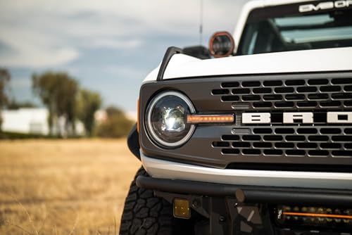 Black DV8 Offroad Headlights for 2021-2025 Ford Bronco | LED White DRL Halo w/Amber Centerline Light | 6500K Color Temp | 3650 Low Beam Lumens | 4700 High Beam Lumens | 90W LED System per Unit | Pair