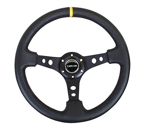NRG Innovations Reinforced NRG-RST-006BK-Y Steering Wheel 350mm Sport Steering Wheel (3" Deep) Black Spoke With Round Holes/Black Leather/Yellow Stripes