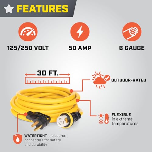 50-Amp Champion Power Equipment 30-Foot RV Generator Power Cord, (14-50P to SS2-50R)