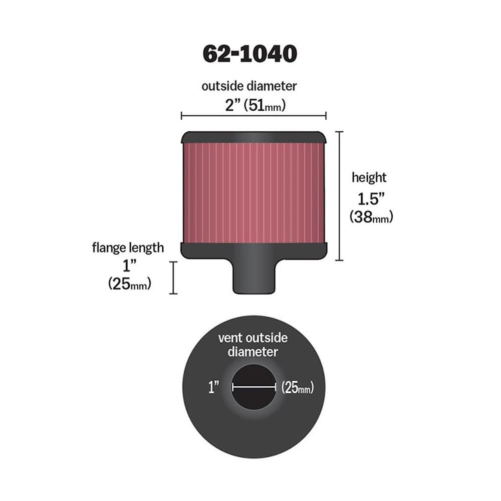 K&N Air Filter/Breather Vent: High Performance, Premium, Washable, Replacement Engine Filter: Filter Height: 1.5 in, Flange Length: 1 in, Shape: Breather, 62-1040