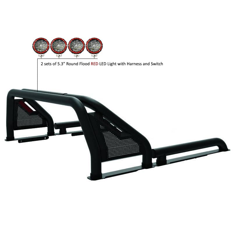 Gladiator Roll Bar Black Incl. Set of 5.3" Dia.Led Lights w/Red Trim Rings Modular Compatible with 2005-2021 Nissan Frontier-GLRB-05B-PLFR