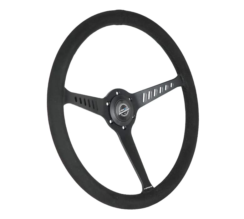 NRG Innovations Reinforced NRG-RST-380-STL-SA Classic Stealth Wheel, 380mm, 3 Spoke Center with Diagnal Slits, 1" Deep Dish with Vegan Suede and Black Stitching