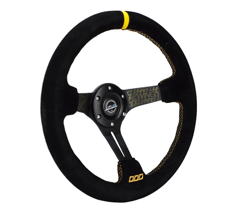 NRG Innovations Reinforced NRG-RST-018S-ZWING Steering Wheel 3" Deep, 5mm Matte Black Spoke, 350mm, Black Suede with Gold Stitching