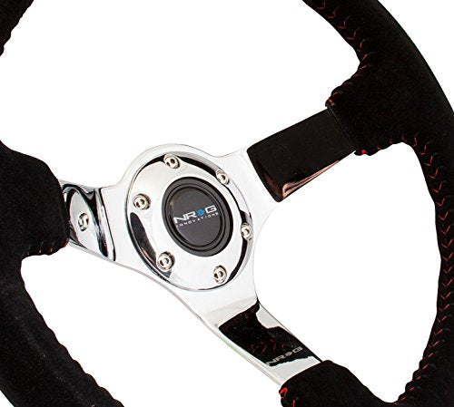 NRG Innovations Reinforced NRG-RST-036CH-S Steering Wheel - 350mm Sport Steering Wheel (3' Deep) Black Suede With Red Baseball Stitching - CHROME Spoke