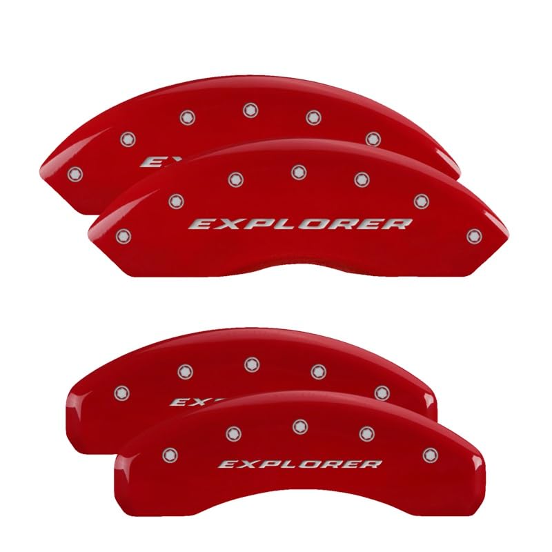 Brake Caliper Covers MGP for Ford Explorer 2020-2023 (20-21 ST STD Brakes, 22-23 STD Brakes), Red Finish, Engraved Silver Explorer Logo (Set of 4)