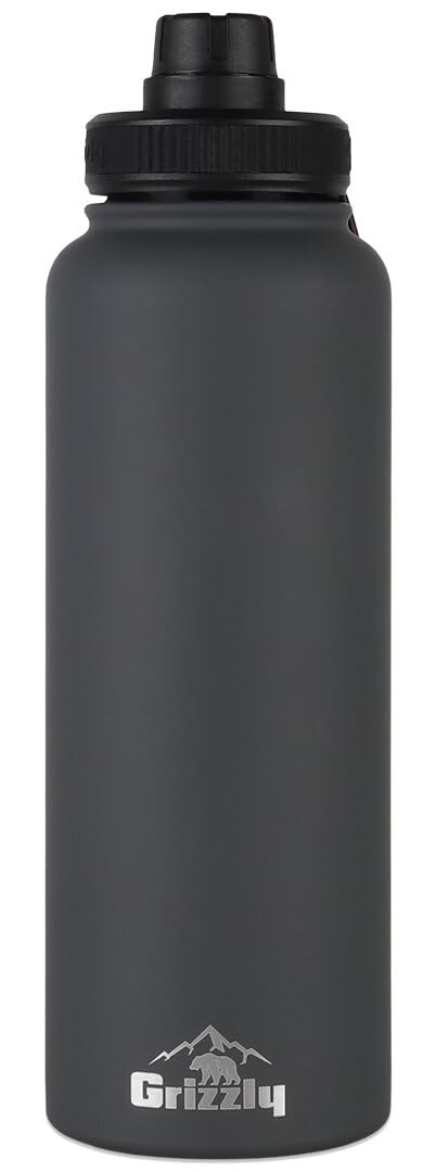 40oz Grizzly Water Bottle | Vacuum Insulated | Leak Resistant Lid | Stainless Steel | For Gym Hiking Beach Sports Camping | Stealth Gray