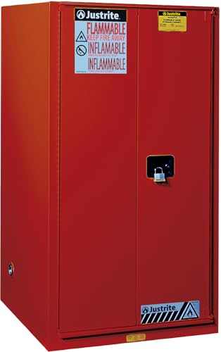 60 Gallon Justrite Self Close Flammable Storage Cabinet, 18 Gauge Steel, 2 Shelves, 2 Door Fire Cabinet, 65" x 34" x 34", Made in The USA, Red, 896021