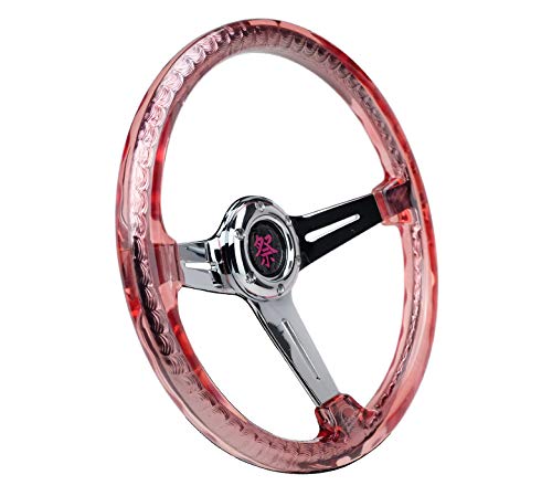NRG Innovations Reinforced Steering Wheel NRG-RST-027CH-RD 350mm 2" Deep Dish Clear Acrylic Steering Wheel in Red and Chrome Spoke Finish with Slits