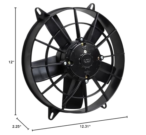 DERALE High Output Electric Cooling Fan, 11 in Fan, Puller, 1380 CFM, 12V, Curved Blade, 12 x 12.313 in, 2.25 in Thick, Install Kit, Plastic, Kit