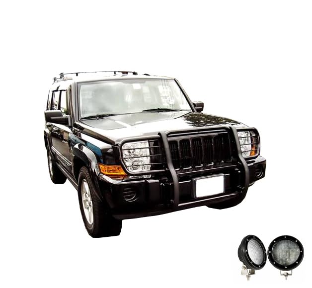 Bumper Guard Black Horse Grille Brush Modular Black Come with Pair of 5.3" Dia.LED Lights with Black Trim Rings Compatible with 2006-2010 Jeep Commander-17A081000MA-PLFB