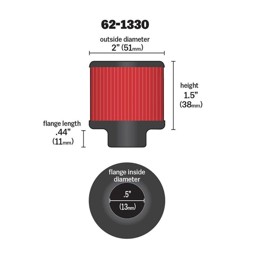 K&N Air Filter/Breather Vent: High Performance, Premium, Washable, Replacement Engine Filter: Flange Diameter: 0.5 in, Filter Height: 1.5 in, Flange Length: 0.4375 in, Shape: Breather, 62-1330