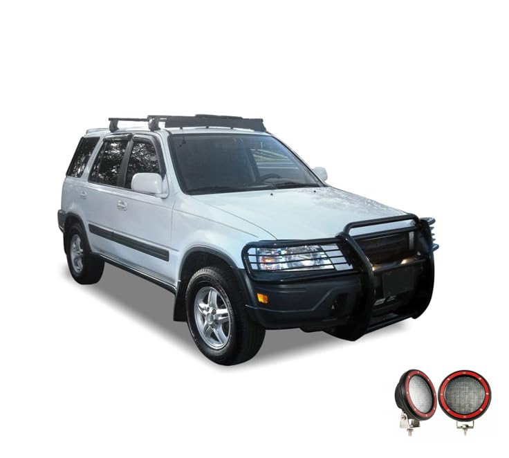 Bumper Guard Black Horse Grille brush Modular Come With Pair of 5.3" Dia.LED Lights with Red Trim Rings Compatible with 1997-2001 Honda CR-V-PG24001MA-PLFR