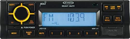 Jensen AM/FM/RBDS/WB JHD1130B Heavy Duty Radio; 40W x 4 Max Output Power; 12V DC Power System, Electronic AM/FM Tuner (US/Euro Selectable); RBDS with PTY Search; NOAA 7-Channel Weather Band