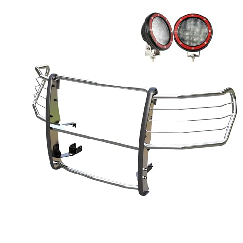 Grille Guard Kit Black Horse Modular Stainless Steel Pair of 5.3" Dia. LED Flood Lights w/Red Trim Rings Wiring Harness and Switch Compatible with 2019-2021 Chevrolet Silverado 1500