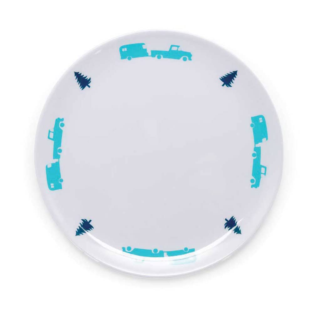 Camco Small Salad Plate is Better at The Campsite - White with Teal and Navy Retro RV, Trailer and Camper Print , Great for Salads and Deserts, BPA Free, Melamine (53226)