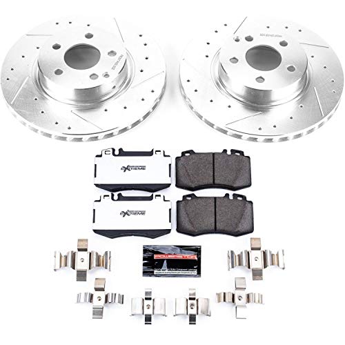 Power Stop K7771-26 Z26 Carbon Fiber Brake Pads Front with Drilled & Slotted Brake Rotors Kit and 2 Front Sensor Wires For Mercedes-Benz SL500 2003-2006 [Model Specific]