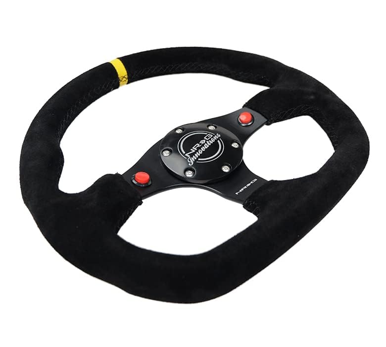 NRG Innovations Reinforced NRG-RST-024D-MB-S-Y Steering Wheel 320mm Sport Suede Dual Push Buttons Flat Bottom with Yellow Center Mark