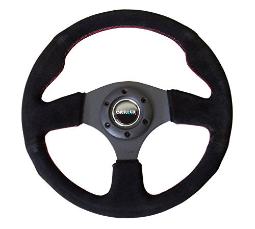 NRG Innovations Reinforced NRG-RST-012S-RS Steering Wheel 320mm Diameter And 25mm Deep Sport Suede Steering Wheel With/Red Stitch/Black Grip Suede, Double Riveted Spokes + Horn Button