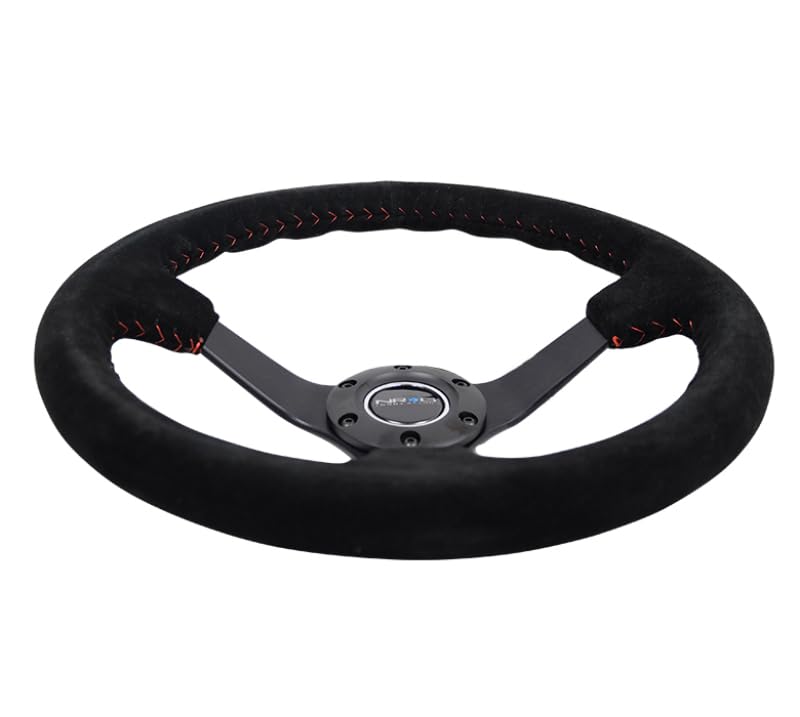 NRG Innovations Reinforced Steering Wheel NRG-RST-036MB-S-RD 3" Deep, 5mm Matte Black Spoke, 350mm Sport Steering Wheel Black Suede With Red Baseball Stitching