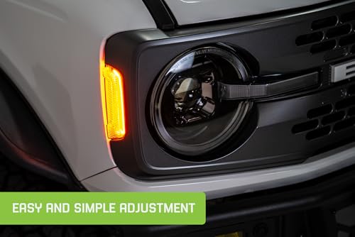 Black DV8 Offroad Headlights for 2021-2025 Ford Bronco | LED White DRL Halo w/Amber Centerline Light | 6500K Color Temp | 3650 Low Beam Lumens | 4700 High Beam Lumens | 90W LED System per Unit | Pair