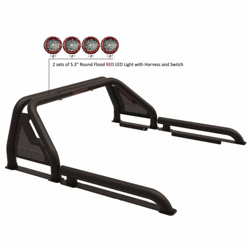 Gladiator Roll Bar Black Incl. Set of 5.3" Dia.Led Lights w/Red Trim Rings Modular Compatible with 2005-2021 Nissan Frontier-GLRB-05B-PLFR