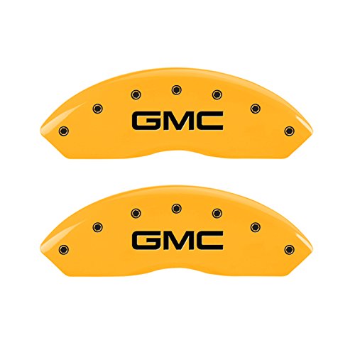 Caliper Covers MGP 34211SGMCYL (Yellow Powder Coat Finish, Engraved Front and Rear: GMC, Black Characters, Set of 4)