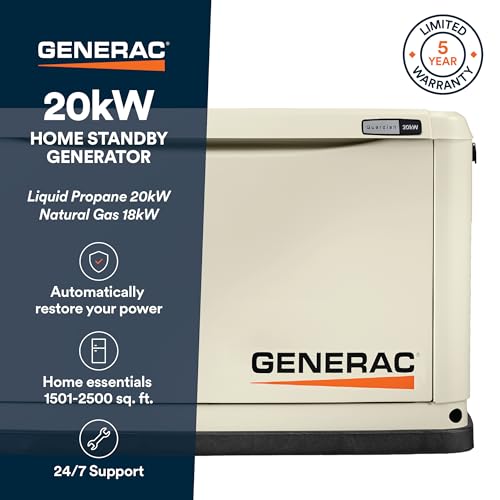 20kW Generac Guardian Home Standby Generator - Automatic Whole House Backup Power for Storms, Emergencies, and Outages, WiFi Enabled, Runs on Natural Gas or Liquid Propane, Quiet Operation