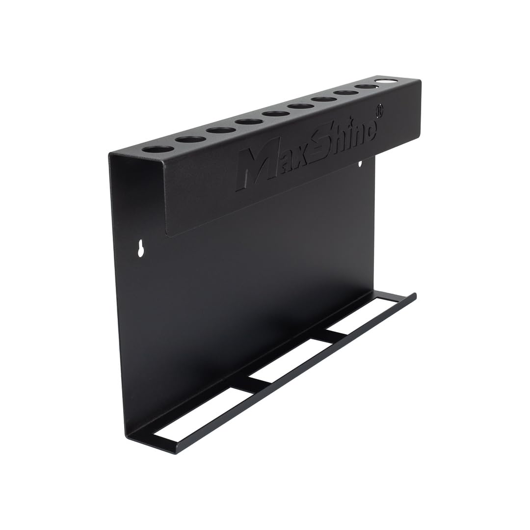 Maxshine Brush & Trigger Bottle Holder H06 Universal | Wall-Mount Organizer Holds 10 Brushes & 6 Spray Bottles | Black Powder-Coated Iron Rack for Garage, Auto Detailing Shop & Car Care Storage