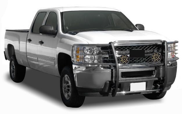 Bumper Guard Black Horse Grille brush Modular Stainless Steel Come With pair of 7.0"Dia.LED Lights with Black Trim Rings Compatible with 2007-2013 Chevrolet Silverado 1500-17A035700A2MSS-PLB