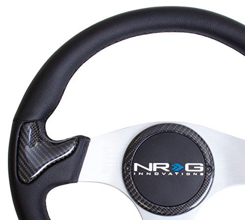 NRG Innovations Carbon Fiber Steering Wheel NRG-ST-014CFSL 350mm, Silver Frame Black Stitching with Rubber Cover Horn Button