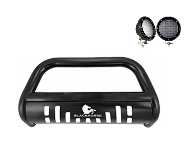 Bull Bar Black Horse Incl. Pair of 5.3" Dia.LED Lights, Black Compatible with 20-24 Gladiator/18-24 Wrangler (Excl. Mojave & Rubicon Trim and Trims with Fox Hydraulic Jounce Bumpers)