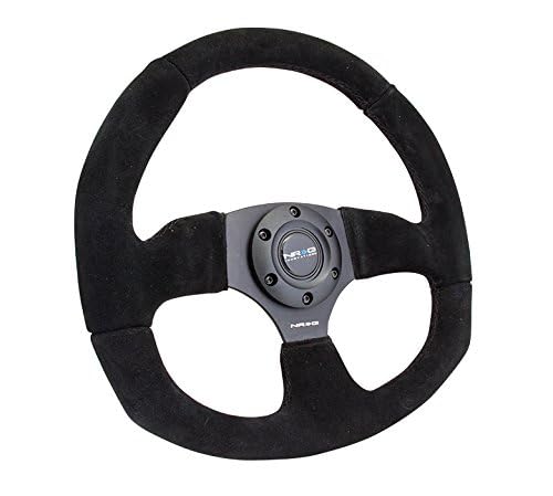 NRG Innovations Reinforced Steering Wheel NRG-RST-009S Premium Suede Leather Steering Wheel With/BLACK Stitch/Spoke D-Shape Flat Bottom 320MM / 330 MM