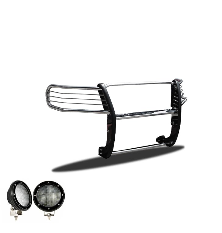 Bumper Guard Black Horse Grille brush Modular Stainless Steel Come with Pair of 5.3"Led Lights with Black Trim Rings Compatible with 2008-2022 Toyota Sequoia|2007-2021 Toyota Tundra-17A098900MSS-PLFB