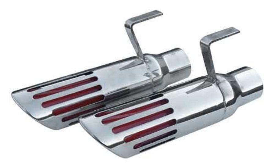 Pypes Performance Exhaust, Charger B-Body Tips, Slip-On, 2-1/2 in Inlet, 3 in Round Outlet, 7 in Long, Single Wall, Single Wall, Rolled Edge, Angled Cut, Red Slotted Tip, Stainless, Polished, Pair